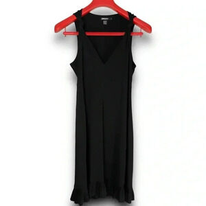 DKNY‎ Vintage Black Sleeveless A-Line V-Neck Dress M Knotted Straps Pleated Trim